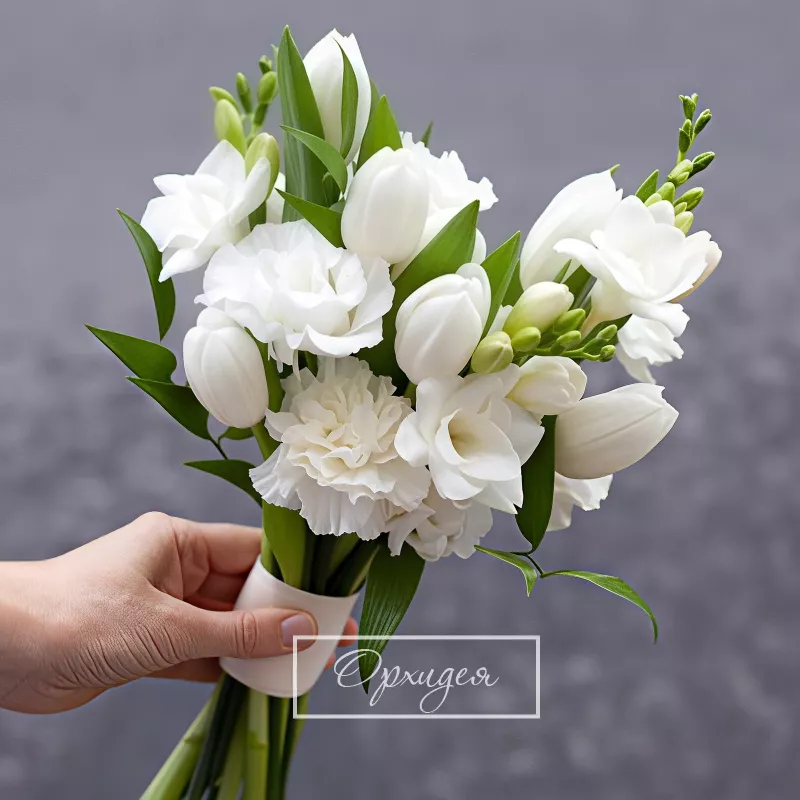 Свадебный букет с тюльпанами и эустомой